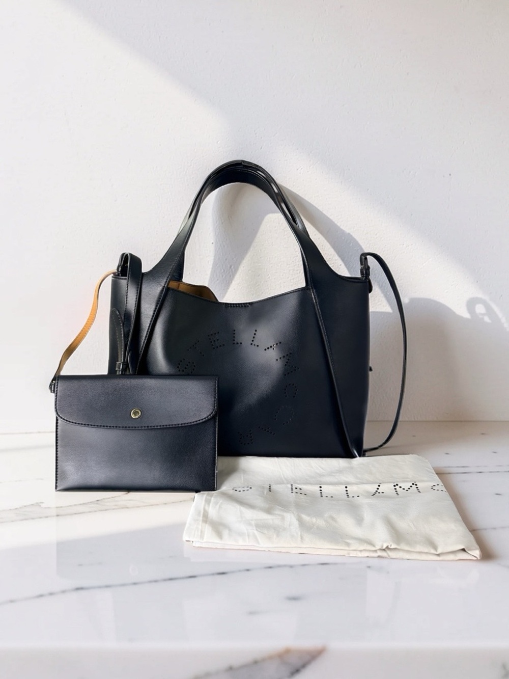 Stella McCartney Logo Tote Black Vegan Leather Crossbody Bag w/Pouch & Dust Bag